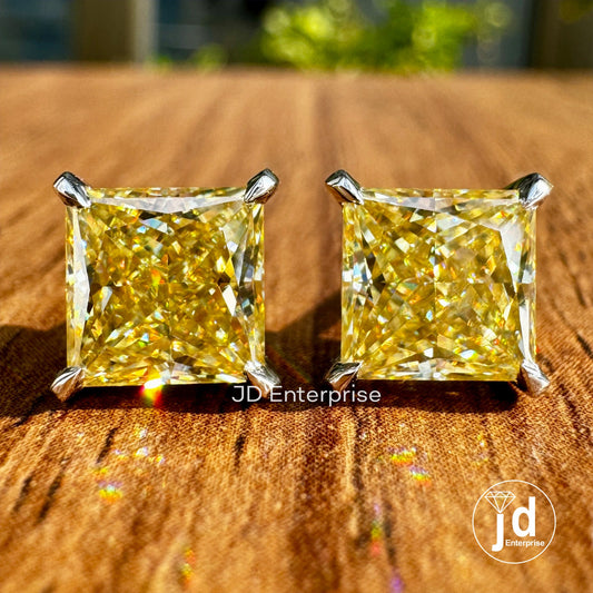 4.00 TCW Princess Cut Canary Yellow Moissanite Earrings, Anniversary Stud Earrings for Women, Push/Screw Back Princess Wedding Stud Earrings