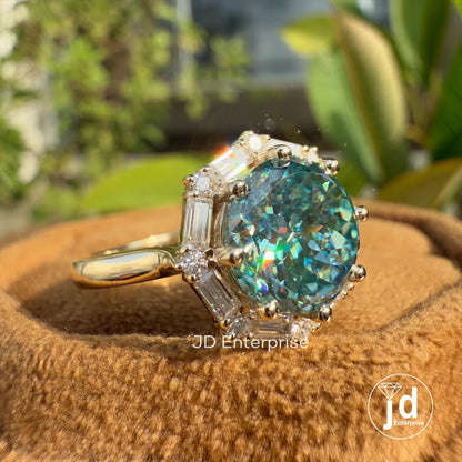 3.0 CT Portuguese Cut Cyan Blue Moissanite Ring, Vintage Style Engagement Ring, Baguette and Round Halo Ring, Wedding Ring, Anniversary Gift