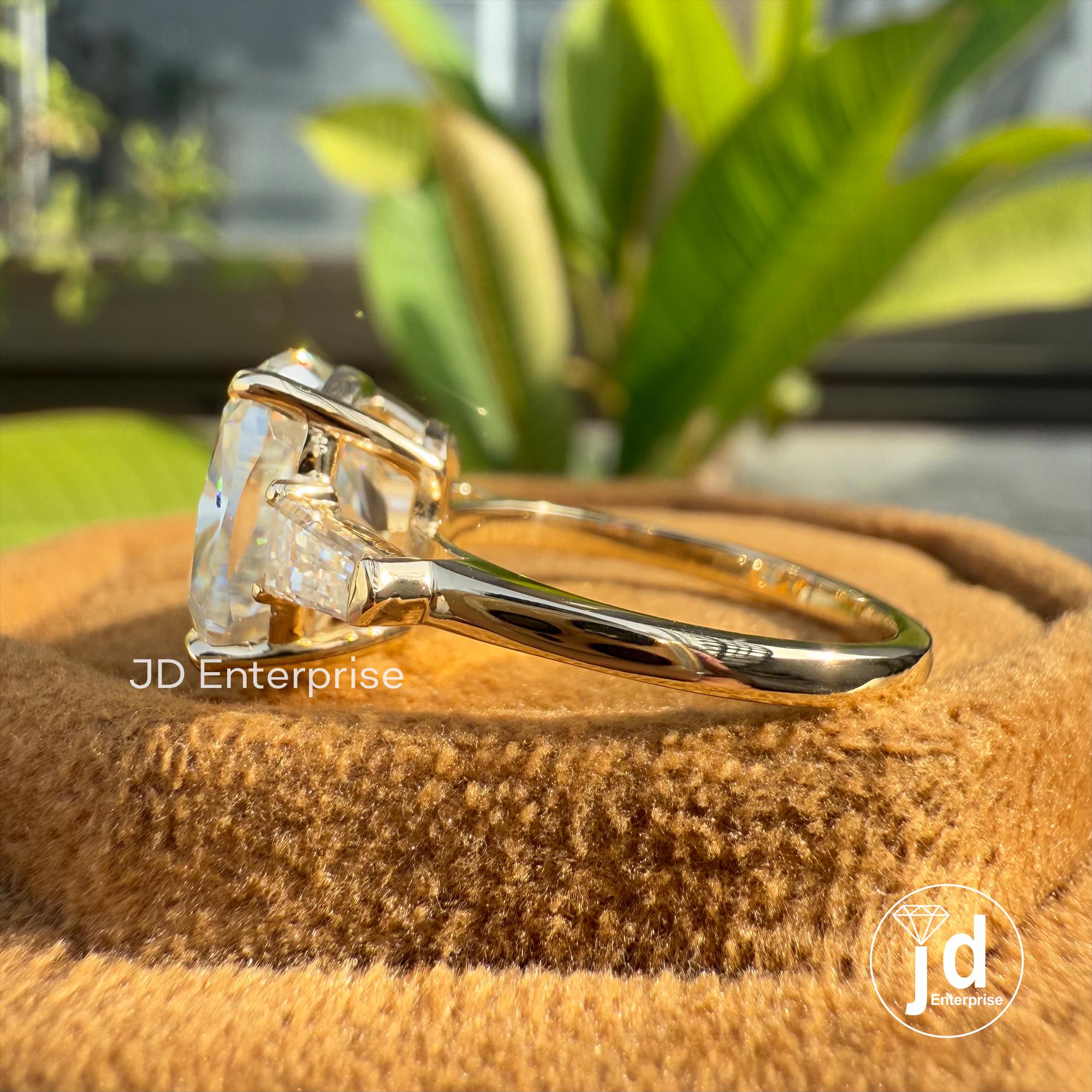 Cushion Cut Moissanite Engagement Ring, Three Stone Wedding Ring, Tapered Baguette Cocktail Ring, 3 Stone Trilogy Ring, Anniversary Gifts