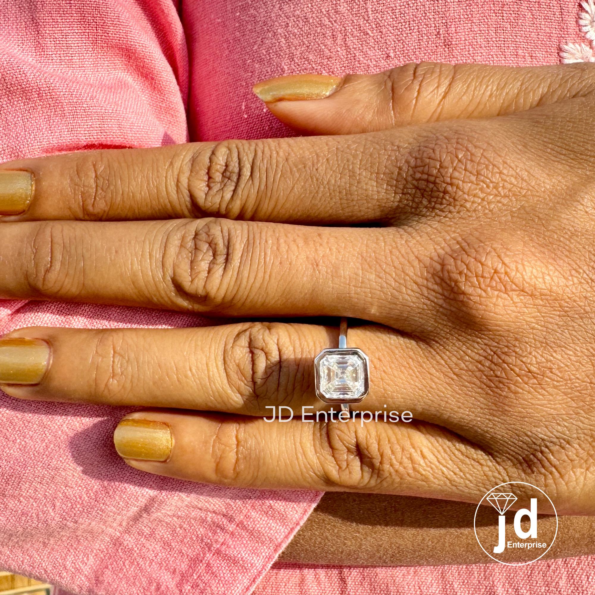 2.00CT Asscher Cut Bezel Set Solitaire Moissanite Engagement Ring, White/Yellow/Rose Gold Moissanite Wedding Ring, Promise Ring, Proposal