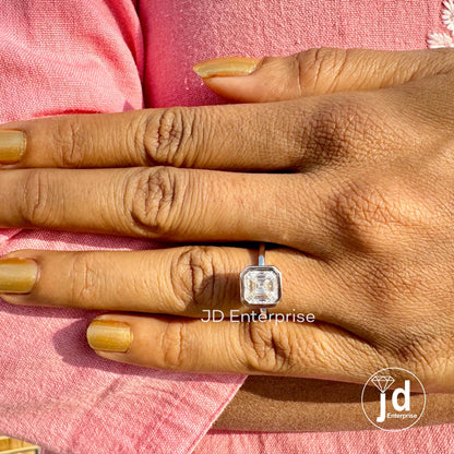 2.00CT Asscher Cut Bezel Set Solitaire Moissanite Engagement Ring, White/Yellow/Rose Gold Moissanite Wedding Ring, Promise Ring, Proposal