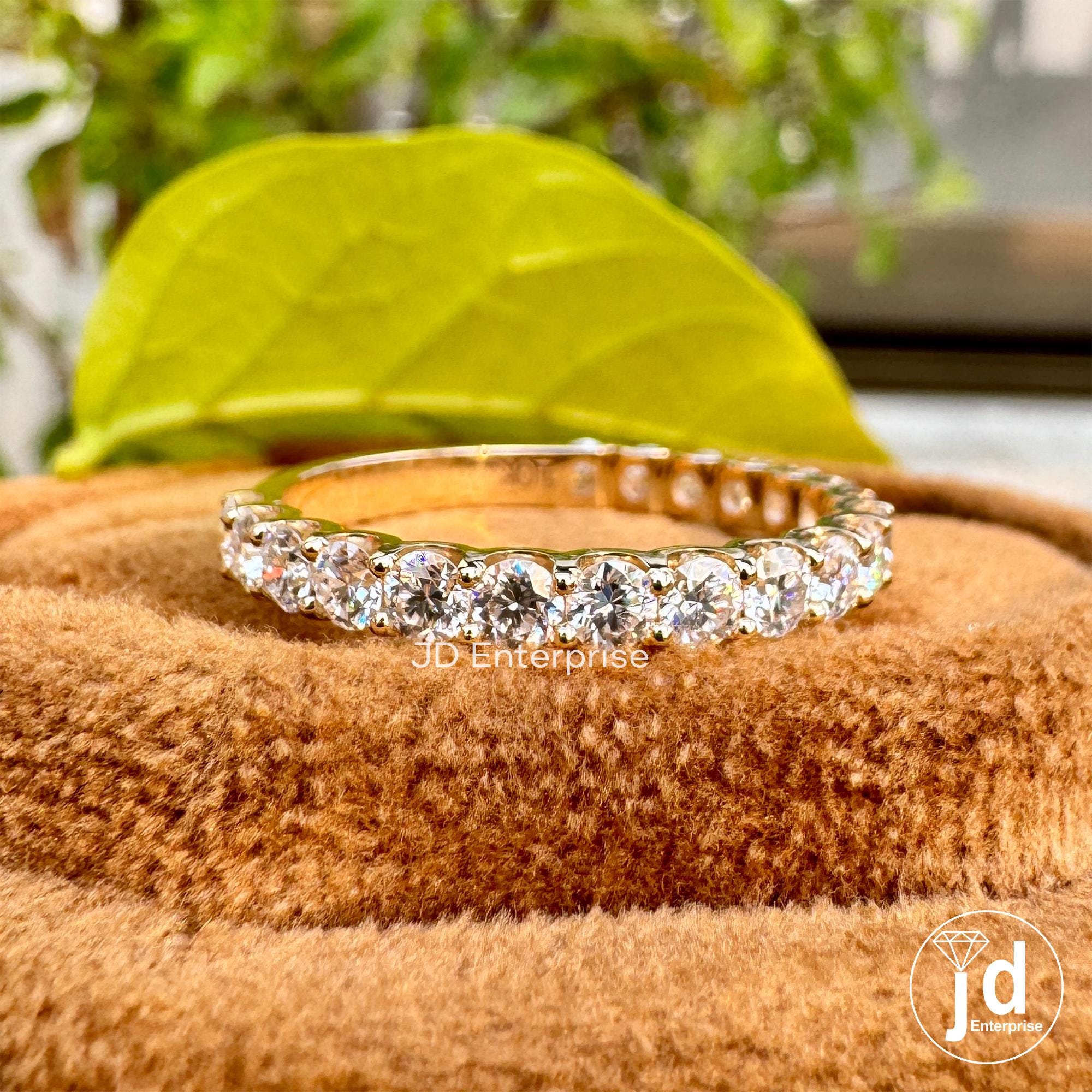 2.50 MM Round Moissanite Dainty Wedding Band, Moissanite Half Eternity Shared Prong Matching Engagement Bands, 10k Yellow Gold Bridal Band