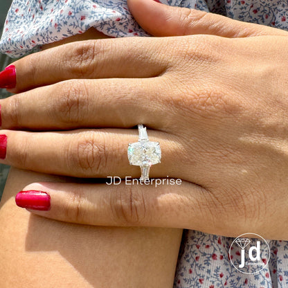3.20 TW Elongated Cushion Moissanite Ring, Three Stone Engagement Ring, Side Tapered Baguettes Wedding Ring, Pave Set Propose Ring for Women