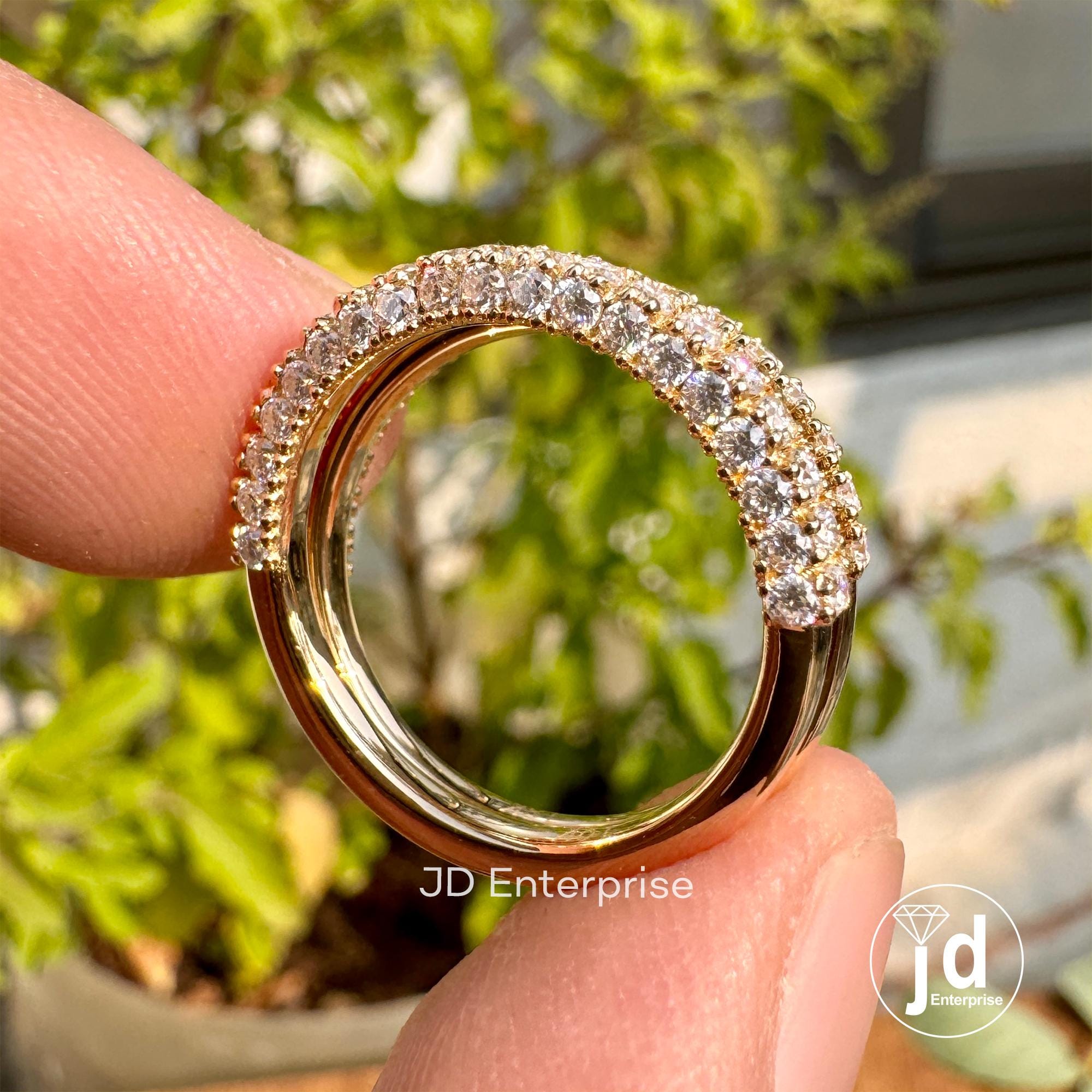 Two Row Pave Wedding Band Set, Moissanite Half Eternity Band, Two Matching Band for Trio Ring Set, Anniversary Gift Band for Engagement Ring