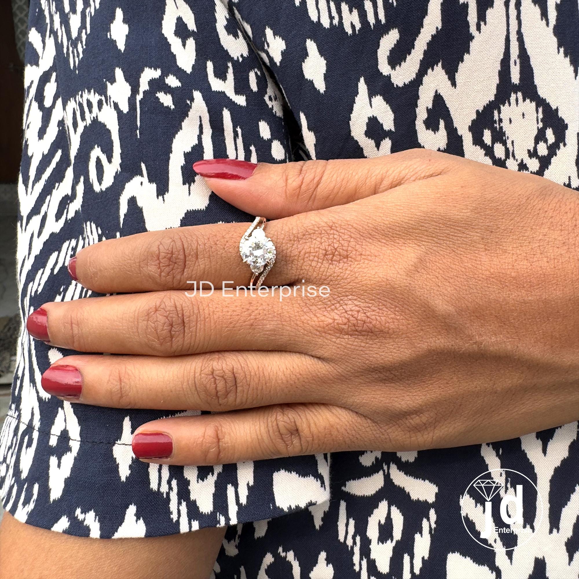 2.00 CT Round Moissanite Engagement Ring, Split Shank Anniversary Ring, Split Pave Set Wedding Ring, Bypass Shank Three Stone Bridal Ring
