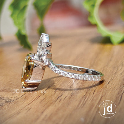 2.00CT Pear Rose Cut Brown Moissanite Engagement Ring, Marquise Cut Ring with Curved Band, Accent Set Wedding Ring, Anniversary Gift, Bridal
