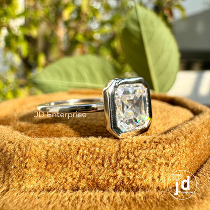 2.00CT Asscher Cut Bezel Set Solitaire Moissanite Engagement Ring, White/Yellow/Rose Gold Moissanite Wedding Ring, Promise Ring, Proposal