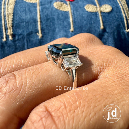 6.00 TW Emerald Cut Fancy Dark Green Moissanite Engagement Ring, Three Stone Wedding Ring, Side Stone Baguette, Anniversary Gift Bridal Ring