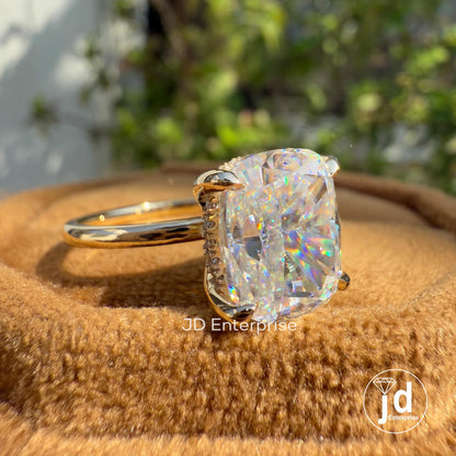 4.00 CT Cushion Cut Moissanite Solitaire Ring, Hidden Halo Engagement Ring, Weeding Ring, Yellow/White/Rose Gold Ring, Anniversary Gift Ring
