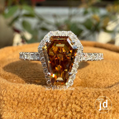 1.81 CT Coffin Cut Brown Champagne Moissanite Ring, Halo Engagement Ring, Unique Coffin Wedding Ring for Anniversary Gift, White Gold Ring