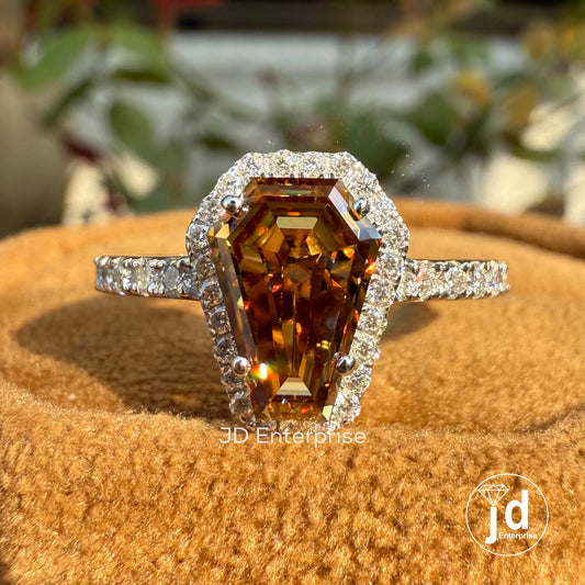 1.81 CT Coffin Cut Brown Champagne Moissanite Ring, Halo Engagement Ring, Unique Coffin Wedding Ring for Anniversary Gift, White Gold Ring
