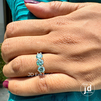 1.40 TCW Round Cut Cyan Blue Moissanite Engagement Ring, Three Stone Wedding Ring, Yellow Gold Promise Ring, Anniversary Gift, Travel Ring