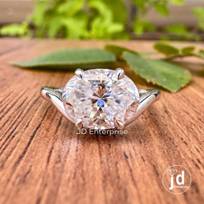 2.50 CT Oval Cut Engagement Ring, Colorless Moissanite Solitaire Wedding Ring, East to West Setting Clow Prongs, Curved Anniversary Ring
