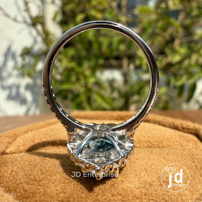 3.00 CT Blue Oval Step Cut Moissanite Engagement Ring, Cluster Halo Wedding Ring, Pave Set Bridal Ring, Anniversary Gifts Ring, Promise Ring