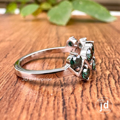 3.00 MM Round Cut Dark Green Moissanite Wedding Band, Half Eternity Anniversary Band, Matching Zigzag Band, Comfort Fit Engagement Band