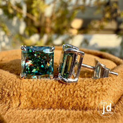 5.00 TCW Radiant Cut Greenish Blue Moissanite Stud Earrings for Women, Claw Prongs, Wedding Earrings, Bridal Earrings, Engagement Earrings