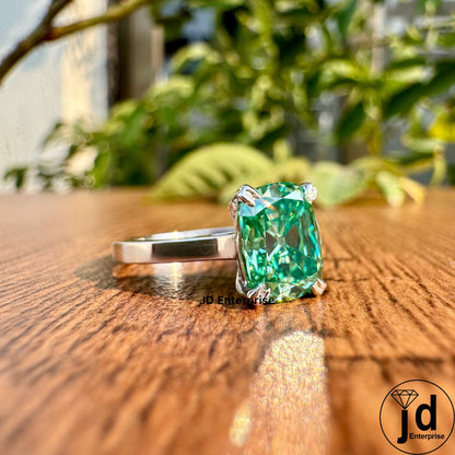 2.10 CT Fancy Green Moissanite Engagement Ring, Elongated Old Mine Cushion Cut Moissanite Anniversary Ring, Solitaire Proposal Ring for Her