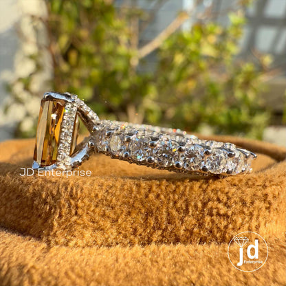 3.0 CT Criss Cut Champagne Color Moissanite Engagement Ring, Three Side Pave Wedding Ring, Hidden Halo Ring, Micro Pave Setting