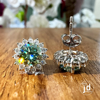 Blue Green Moissanite Diamond Earrings - Cluster Flower Studs for Women, Handmade Jewelry Halo Collection, Gift for Women, Everyday Earrings