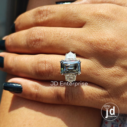 Three Stone Engagement Ring, Large 5.50 CT Criss Cut Grey Moissanite Wedding Ring, Cadillac Cut Cocktail Ring, Trilogy Ring, Bridal Ring
