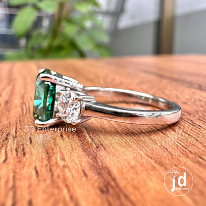 4.00TCW Cushion Cut Green Moissanite Engagement Ring, Three Stone Ring, White Gold Bridal Ring, Cocktail Anniversary Gift Ring, Wedding Ring