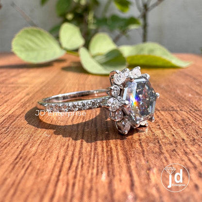 2.78 TW Hexagon Step Cut Grey Moissanite Engagement Ring, Flower Style Halo Wedding Ring, Pave Set Anniversary Ring, Bridal Set Ring