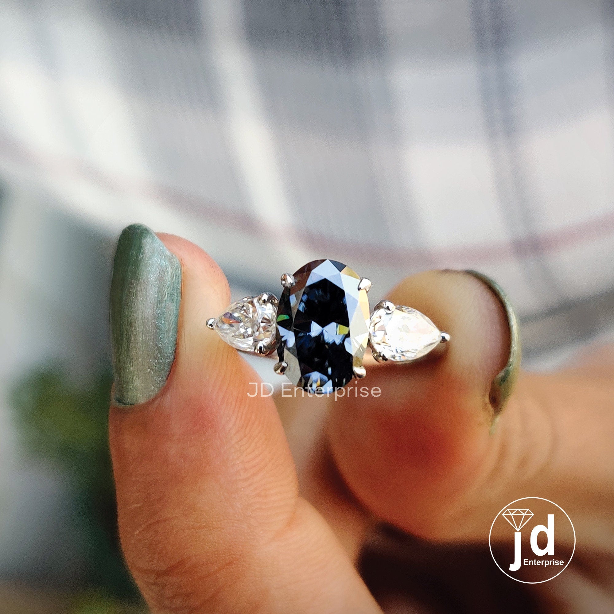 1.70 CT Dark Grey Oval Cut Moissanite Engagement Ring, Three Stone Wedding Ring, Crystal & Clear Pear Stone, Anniversary Gifts, Bridal Ring
