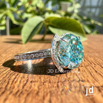 Gorgeous 4.20 CT Cyan Blue Portuguese Cut Moissanite Half Halo Engagement Ring, Hidden Halo Wedding Ring, Bridal Set Ring, Anniversary Ring