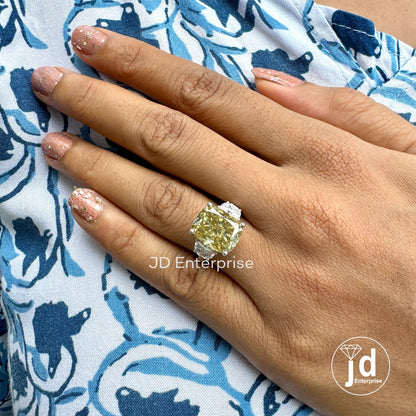 9.30 TW Cushion Cut Canary Yellow Moissanite Ring, Three Stone Engagement Ring, Side Half Moon Cut, Wedding Ring, Elongated Cushion Cut