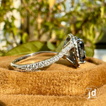 3.00 CT Elongated Cushion Cut Dark Grey Moissanite Engagement Ring, Halo Wedding Ring, Pave Set Bypass Shank, Bridal Ring, Anniversary Ring