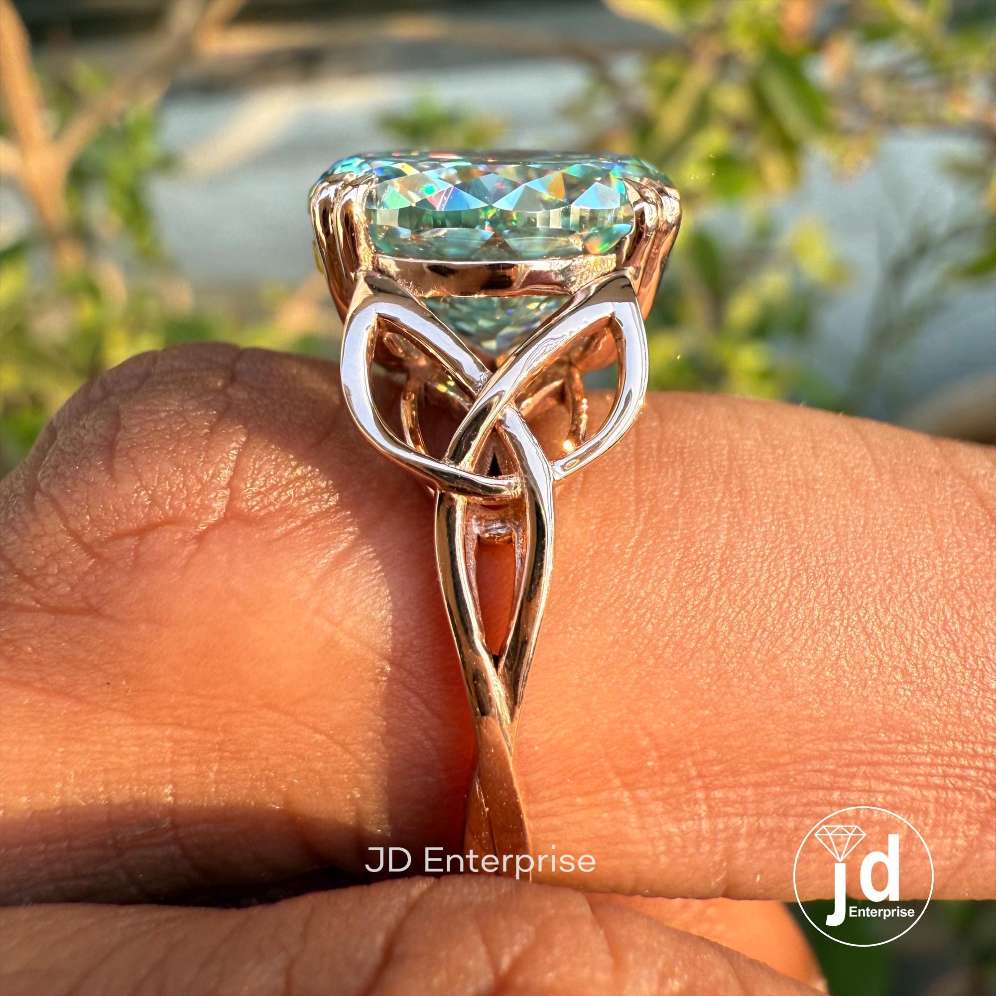 7.70 CT Cyan Blue Portuguese Cut Moissanite Ring, Antique Diamond Engagement Ring, Solitaire Wedding Ring, 10K Rose Gold Anniversary Ring