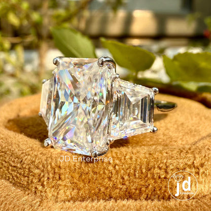 11.00 TCW Large Radiant Cut Moissanite Engagement Ring, Three Stone Celebrity Style Wedding Ring, Trapezoid Cut, Claw Prongs, Bride Ring Set