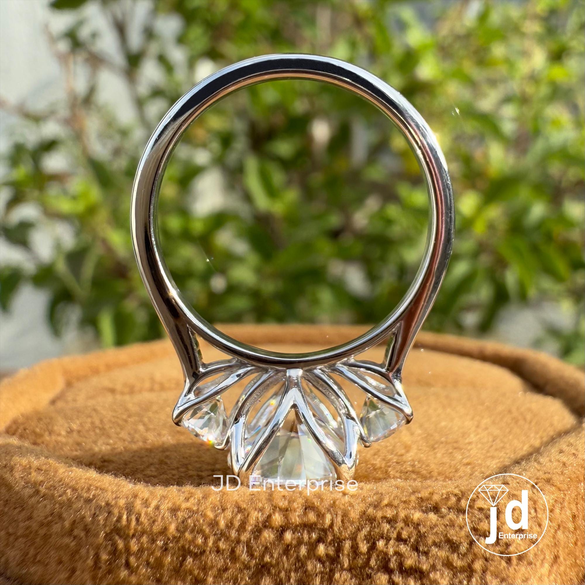 2.36 TW Round Brilliant Colorless Moissanite Ring, Three Stone Engagement Ring, Trellis Setting Wedding Ring, Proposal Ring, Promise Ring