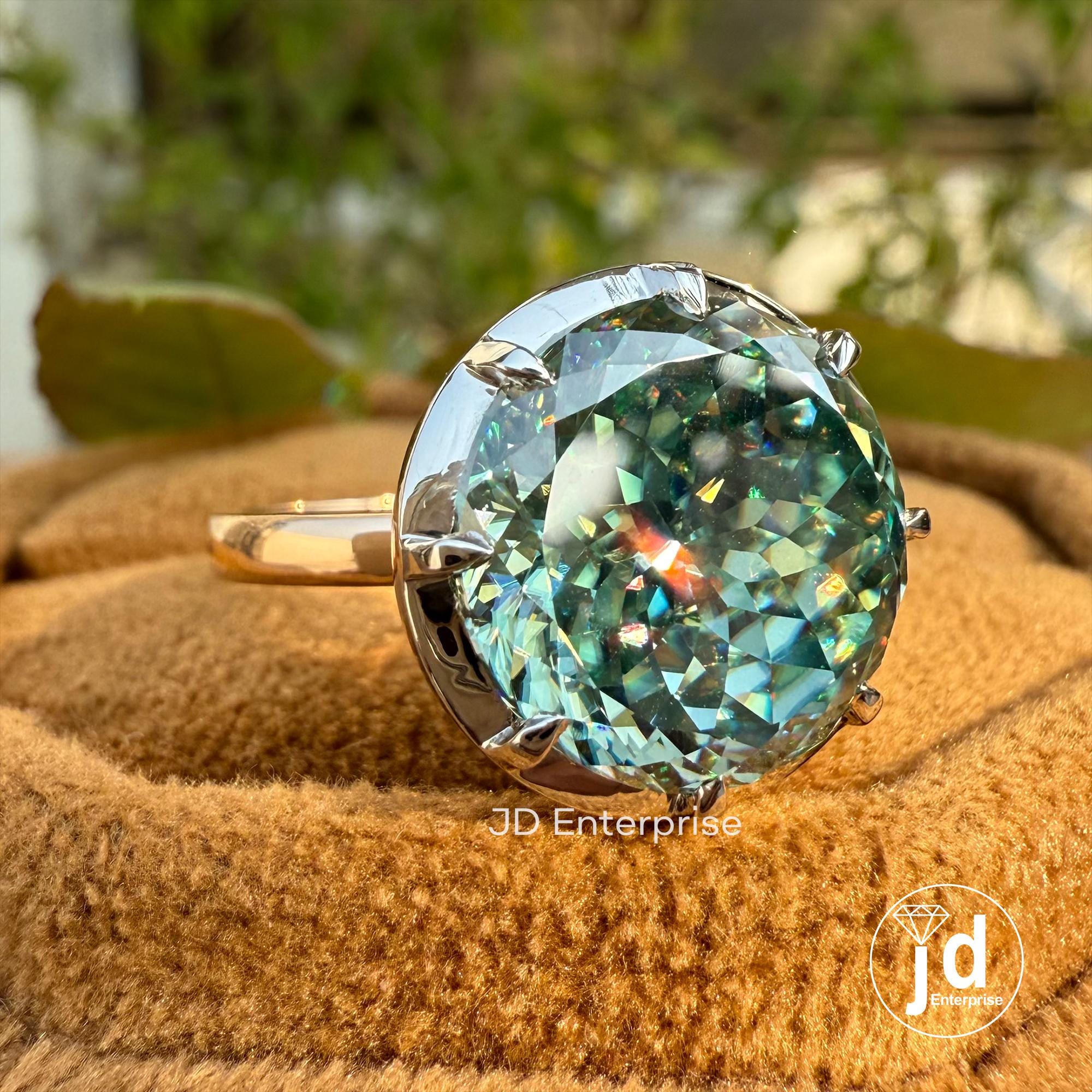 Two-Tone Bezel Engagement Ring, 7.75 CT Portuguese Cut Greenish Blue Moissanite Ring, Classic Solitaire Wedding Ring, Anniversary Gift