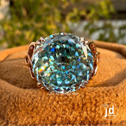 7.70 CT Cyan Blue Portuguese Cut Moissanite Ring, Antique Diamond Engagement Ring, Solitaire Wedding Ring, 10K Rose Gold Anniversary Ring