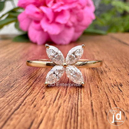 Minimalist Engagement Ring, Marquise Cut Moissanite Promise Rings, Flower Style Everyday Rings for Women, Unique Designer Handmade Jewelry