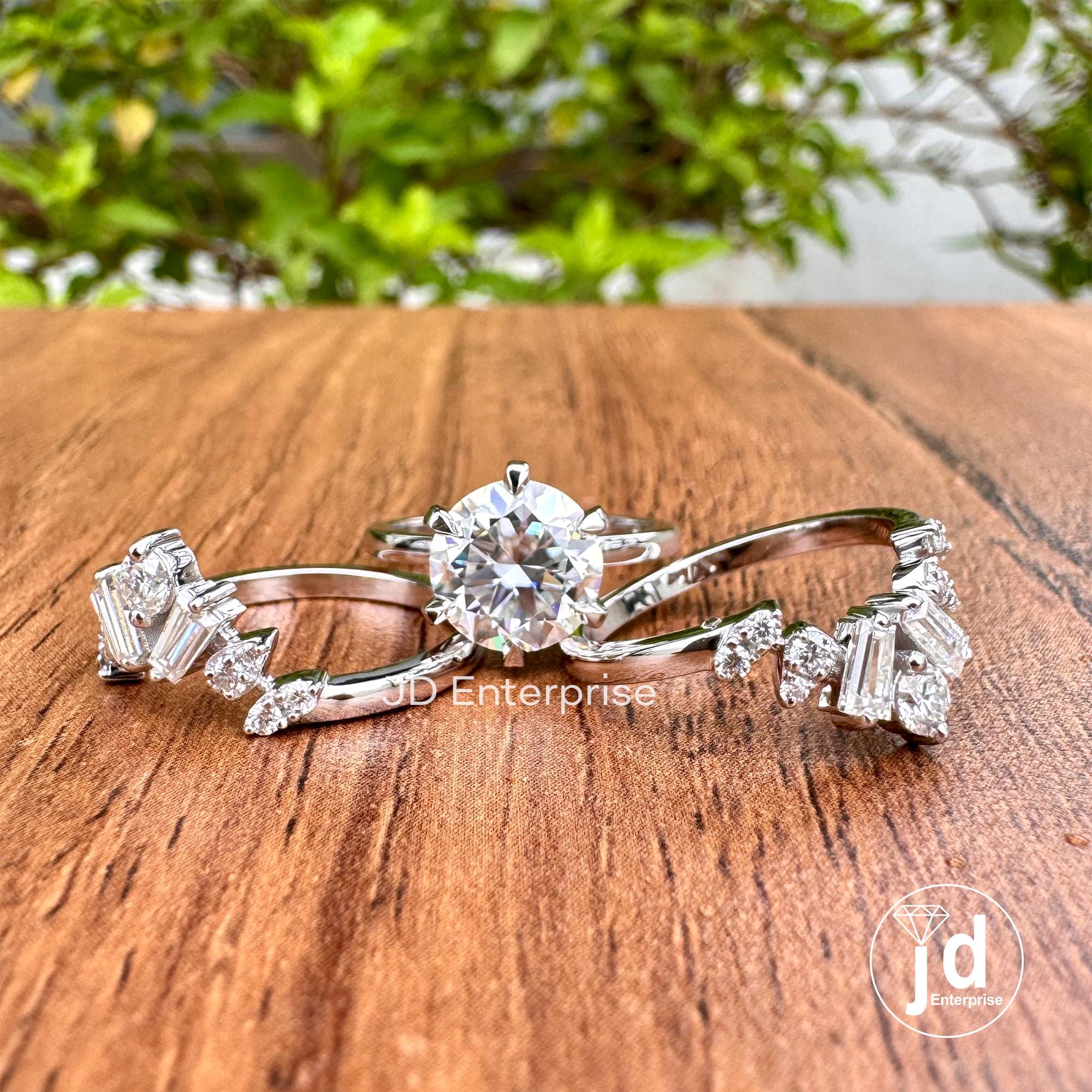 2.50 CT Round Cut Colorless Moissanite Engagement Ring with Baguette and Round Two Matching Wedding Band, Anniversary Set, Trio Bridal Set