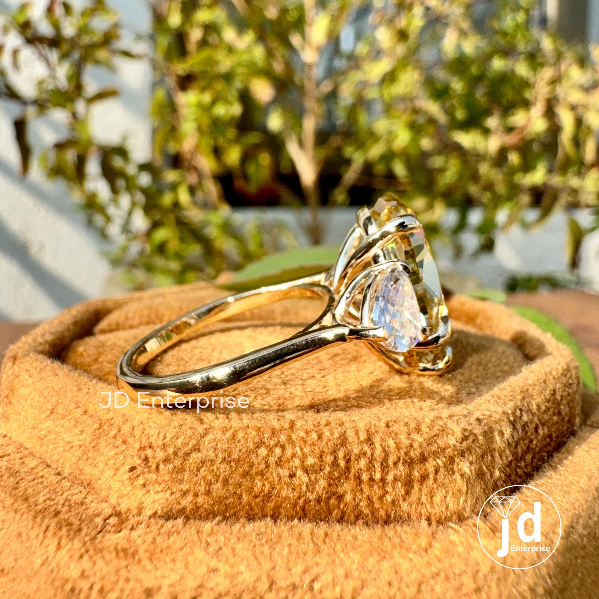 7.80 TCW Pear Cut Canary Yellow Moissanite Engagement Ring, Three Stone Wedding Ring with Heart Accents, 10k/14k/18k Yellow Gold Bridal Ring