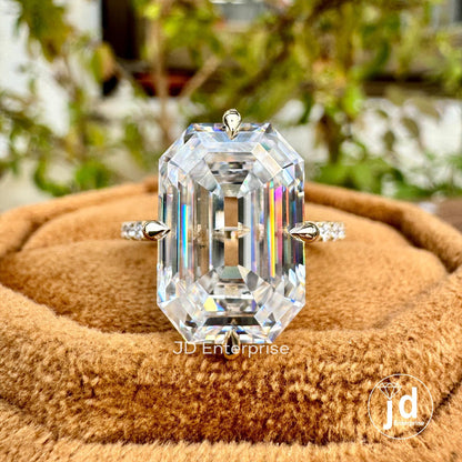 9.00 TCW Old Mine Emerald Cut Moissanite Engagement Ring, Hidden Halo Wedding Ring, Large Solitaire Celebrity Style Bridal Ring, Donut Pave