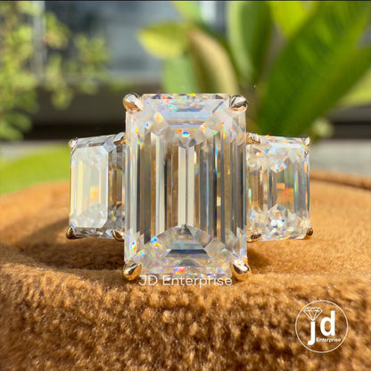 Three Stone Emerald Cut Moissanite Engagement Ring, 6.50 TCW Colorless Emerald Cut Wedding Ring, Claw Prongs, Bridal Ring, Anniversary Gifts