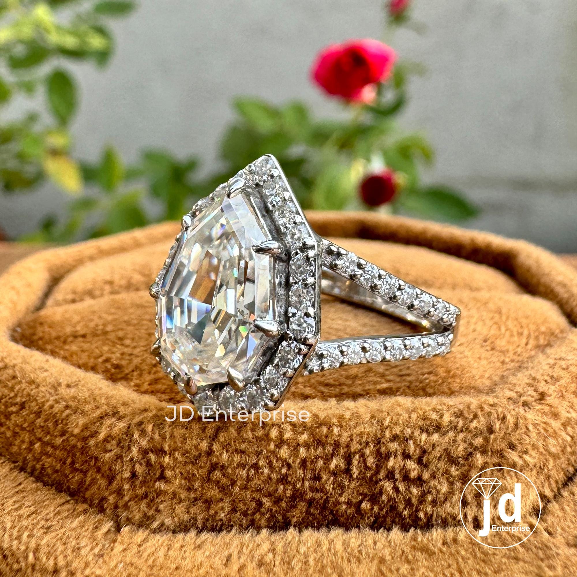 3.50 TCW Colorless Step Cut Pear Moissanite Engagement Ring, Round Halo Wedding Ring, Pave Set Split Shank Anniversary Ring, Bridal Ring Set