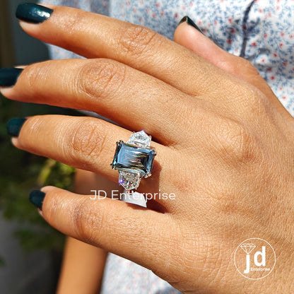Three Stone Engagement Ring, Large 5.50 CT Criss Cut Grey Moissanite Wedding Ring, Cadillac Cut Cocktail Ring, Trilogy Ring, Bridal Ring