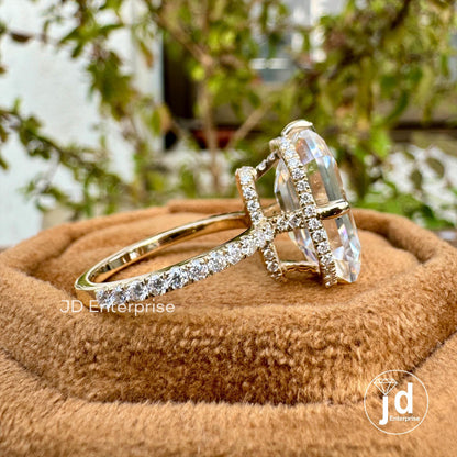 9.00 TCW Old Mine Emerald Cut Moissanite Engagement Ring, Hidden Halo Wedding Ring, Large Solitaire Celebrity Style Bridal Ring, Donut Pave