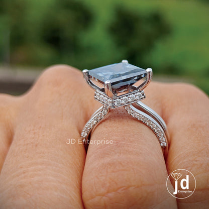 4.70 CT Princess Cut Dark Grey Moissanite Engagement Ring, Hidden Halo Wedding Ring, Compass Set, Split Pave Ring, Anniversary Gift Ring