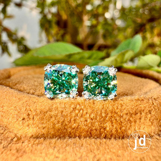 2.20 TCW Bluegreen Cushion Cut Moissanite Stud Earrings, Double Claw Prongs, Wedding Earrings, Screw/Push Back Earrings, Anniversary Gift