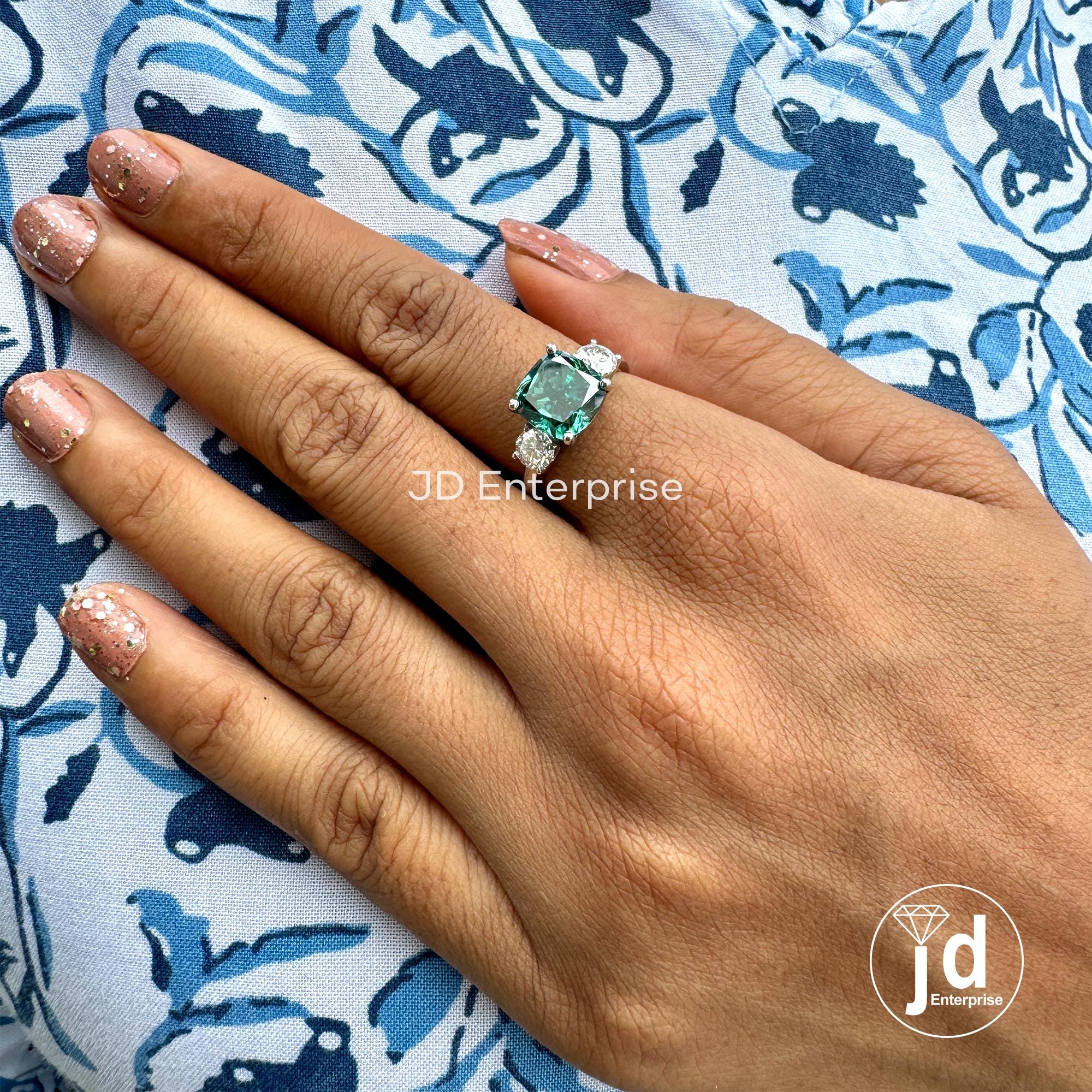 4.00TCW Cushion Cut Green Moissanite Engagement Ring, Three Stone Ring, White Gold Bridal Ring, Cocktail Anniversary Gift Ring, Wedding Ring