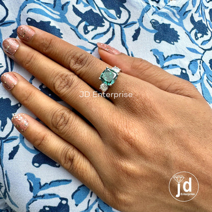 4.00TCW Cushion Cut Green Moissanite Engagement Ring, Three Stone Ring, White Gold Bridal Ring, Cocktail Anniversary Gift Ring, Wedding Ring