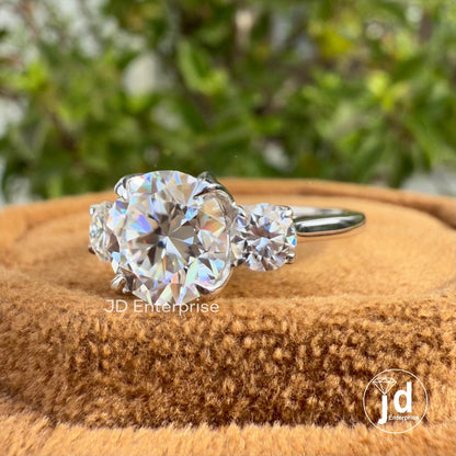 2.36 TW Round Brilliant Colorless Moissanite Ring, Three Stone Engagement Ring, Trellis Setting Wedding Ring, Proposal Ring, Promise Ring