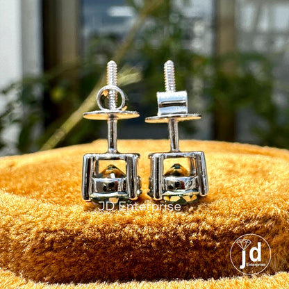 2.00 TCW Antique OEC Round Cyan Blue Moissanite Stud Vintage Style 10K White Gold Earrings, Old European Cut Moissanite Earrings, Screw Back