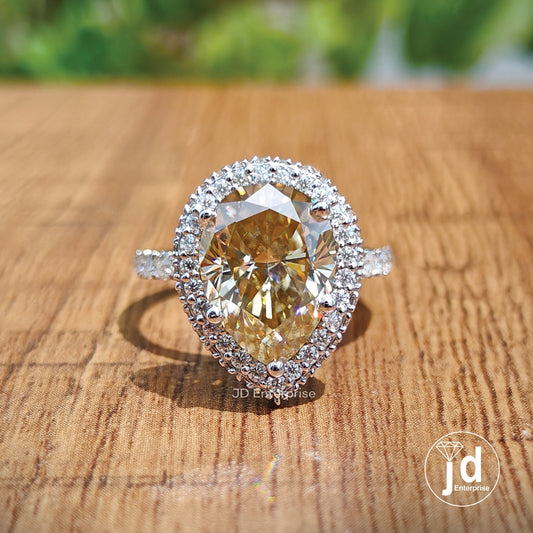 3.50 CT Pear Cut Canary Yellow Moissanite Halo Engagement Ring, Hidden Halo Wedding Ring, Teardrop Accent Bridal Ring, Anniversary Gifts
